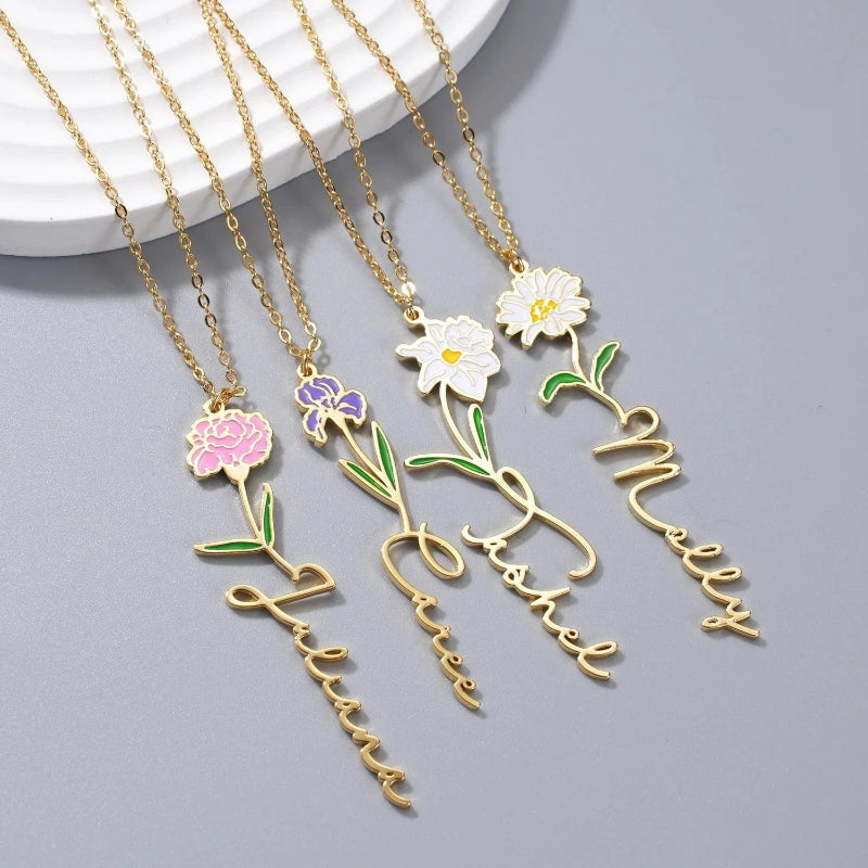 HenryCustoms Enamel Birth Flower Name Necklace