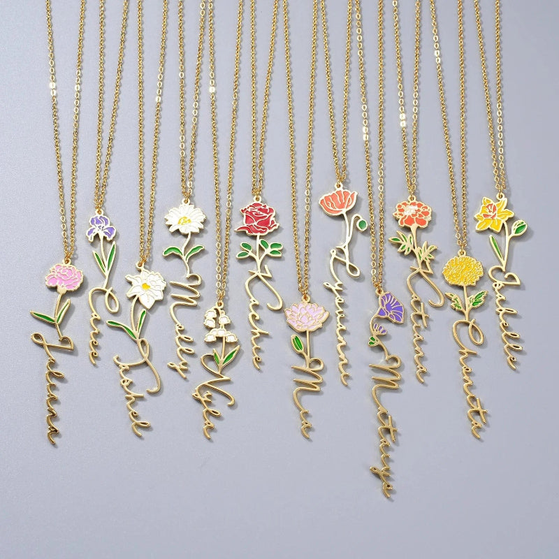 HenryCustoms Enamel Birth Flower Name Necklace