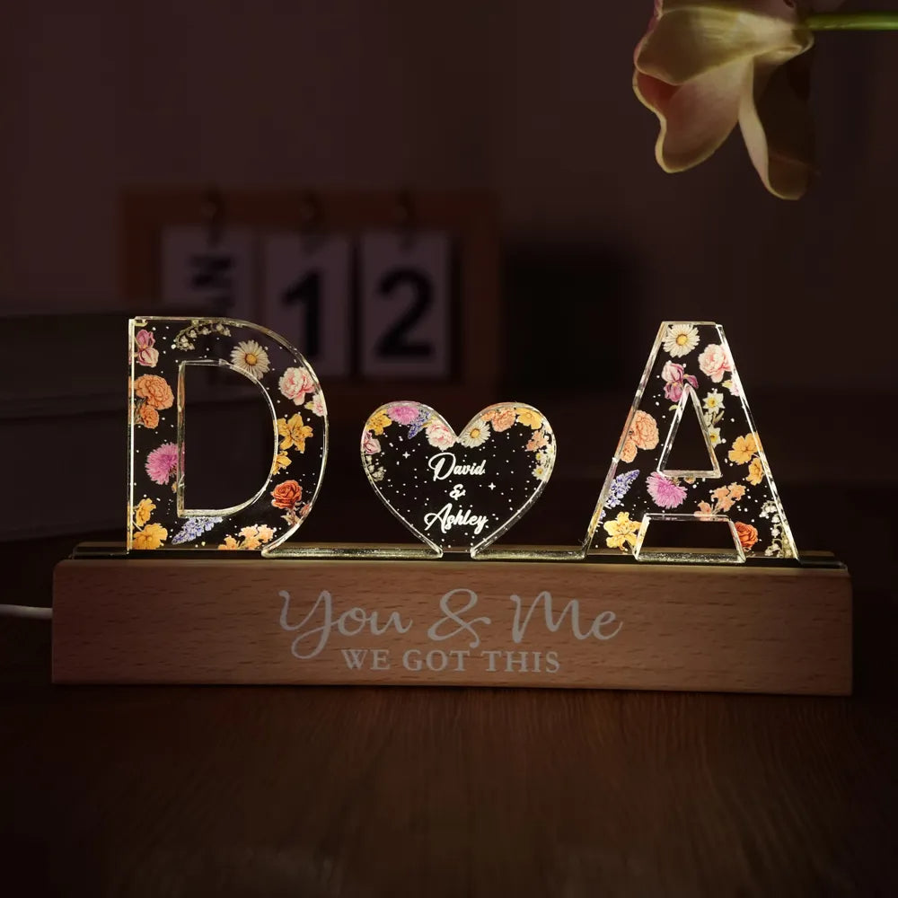 HenryCustoms Couple Initials Floral Personalized Acrylic LED Night Light