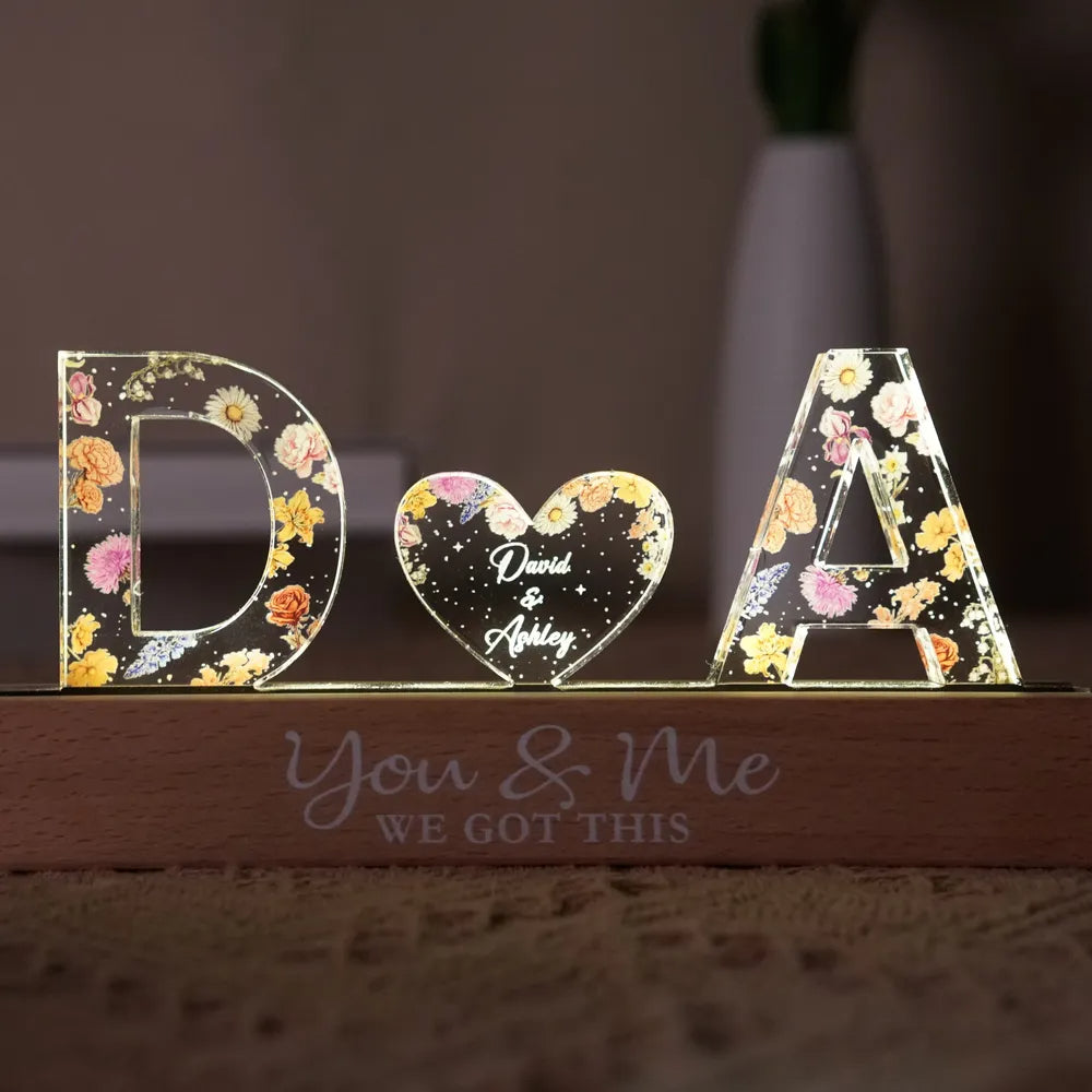 HenryCustoms Couple Initials Floral Personalized Acrylic LED Night Light