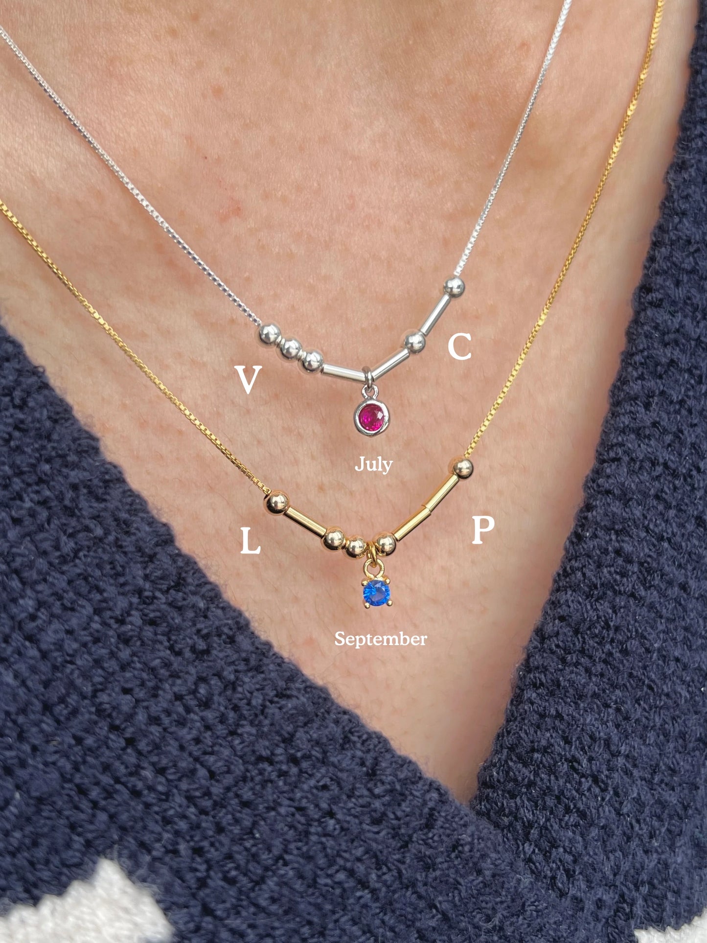 Personalized birthstone morse code jewelry necklace in stainless steel chain close-up