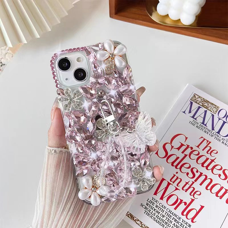 HenryCustoms™ Pearl Diagonal Flower Crystal Butterfly Bracelet Phone Case