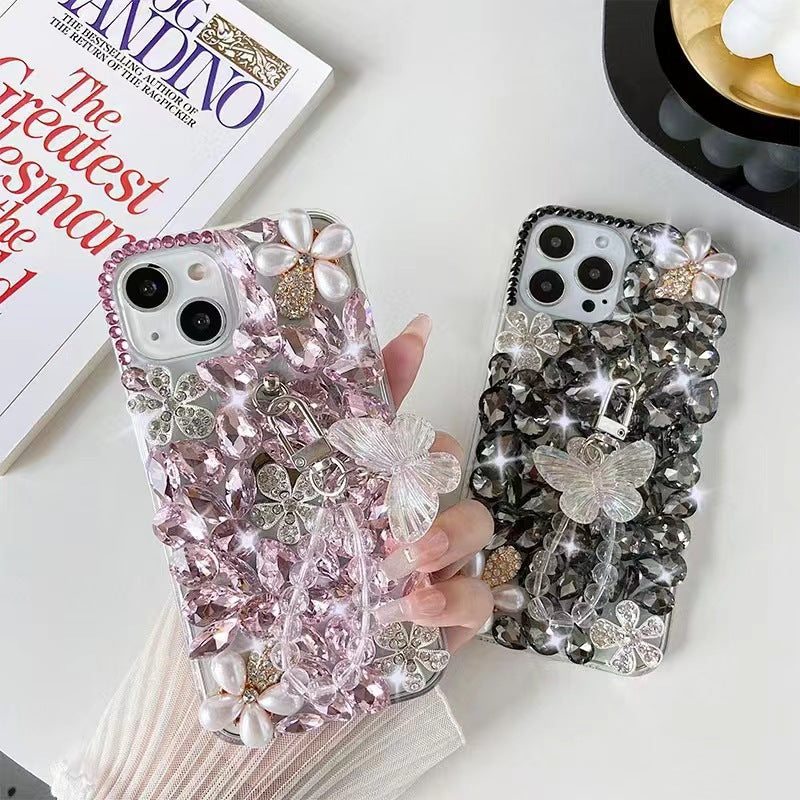 HenryCustoms™ Pearl Diagonal Flower Crystal Butterfly Bracelet Phone Case