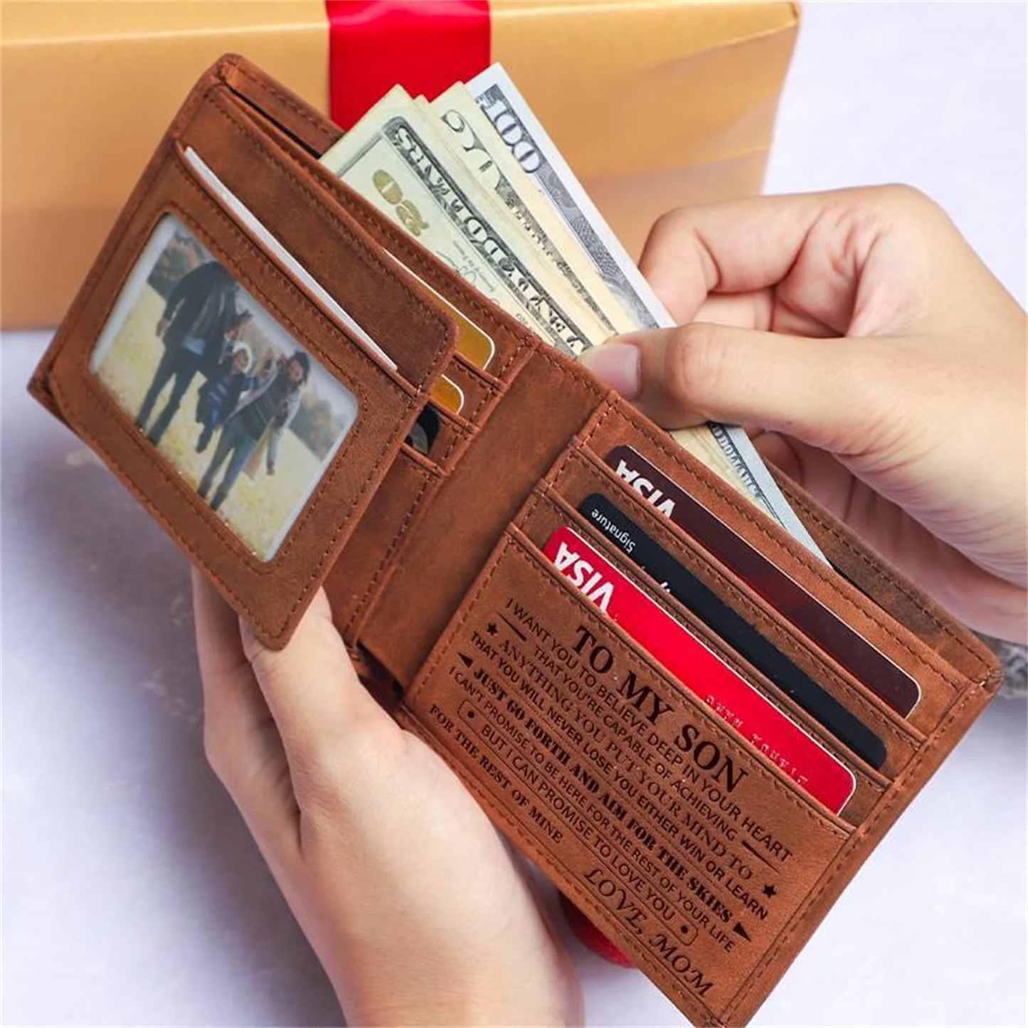 HenryCustoms To My Son Engraved Trifold Leather Wallet