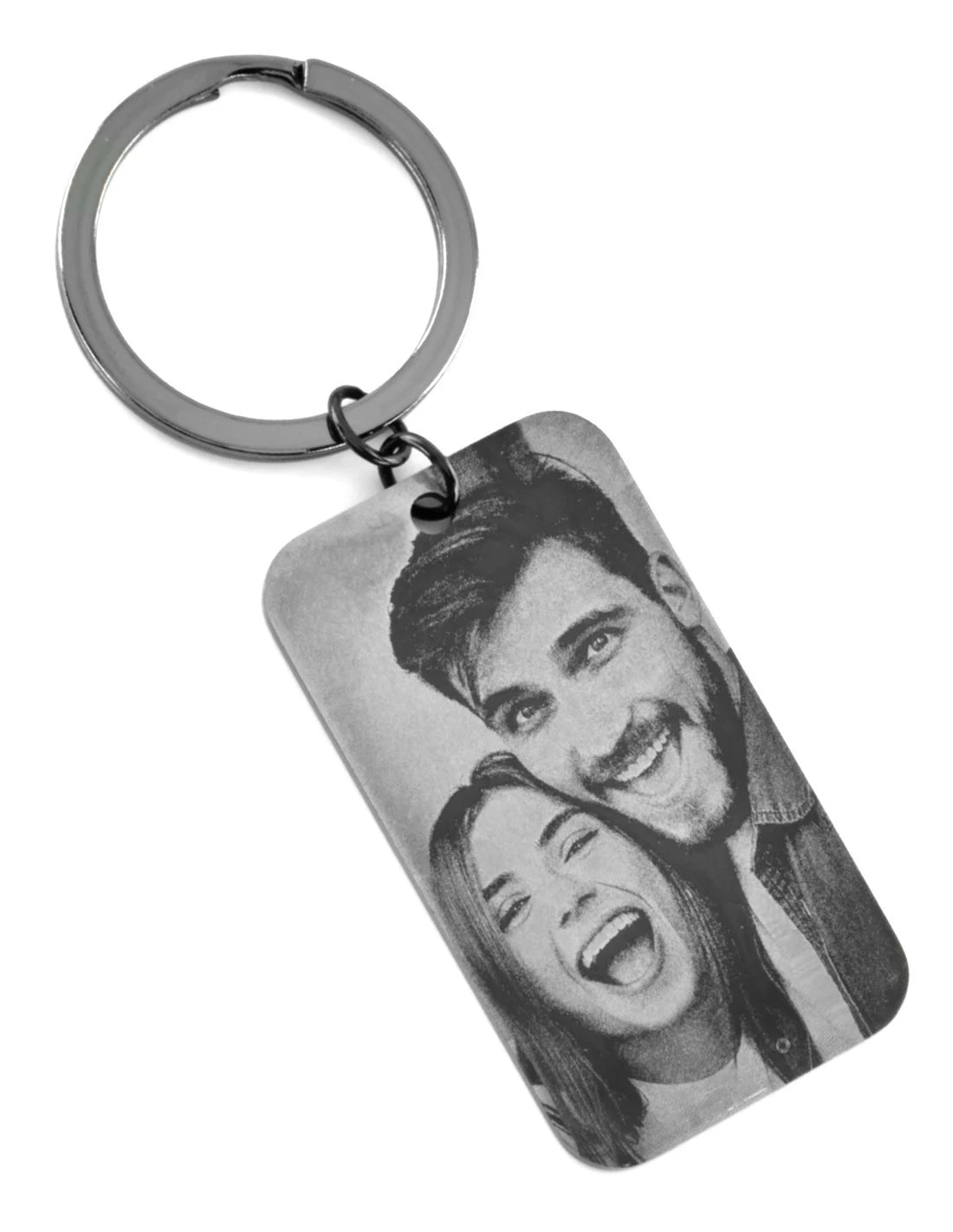 Woman wearing custom photo calendar keychain as gift talisman