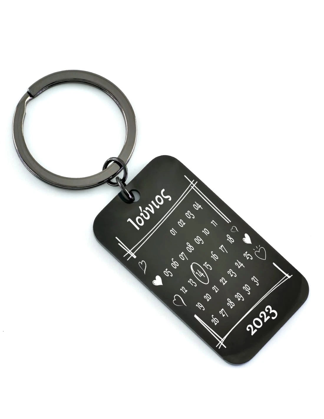 Personalized date keychain in stainless steel ring close-up