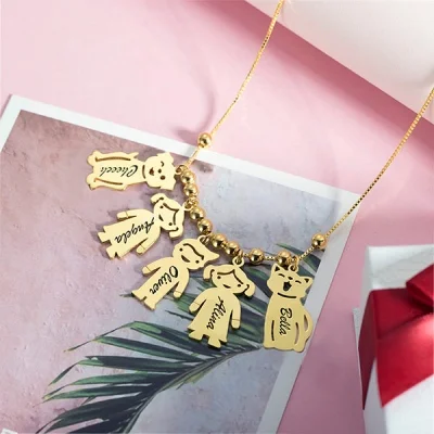 HenryCustoms Engraved Kids and Cat and Dog Charm Necklace