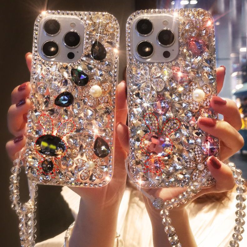HenryCustoms™ Pearl Flower Crystal Bunny Lanyard Phone Case