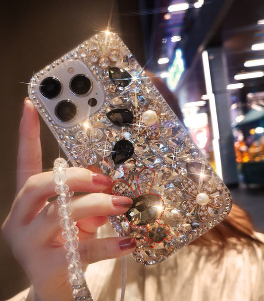 HenryCustoms™ Pearl Flower Crystal Bunny Lanyard Phone Case