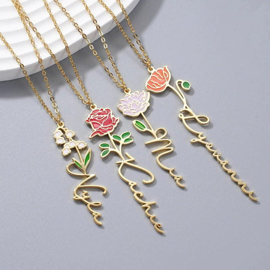 HenryCustoms Enamel Birth Flower Name Necklace