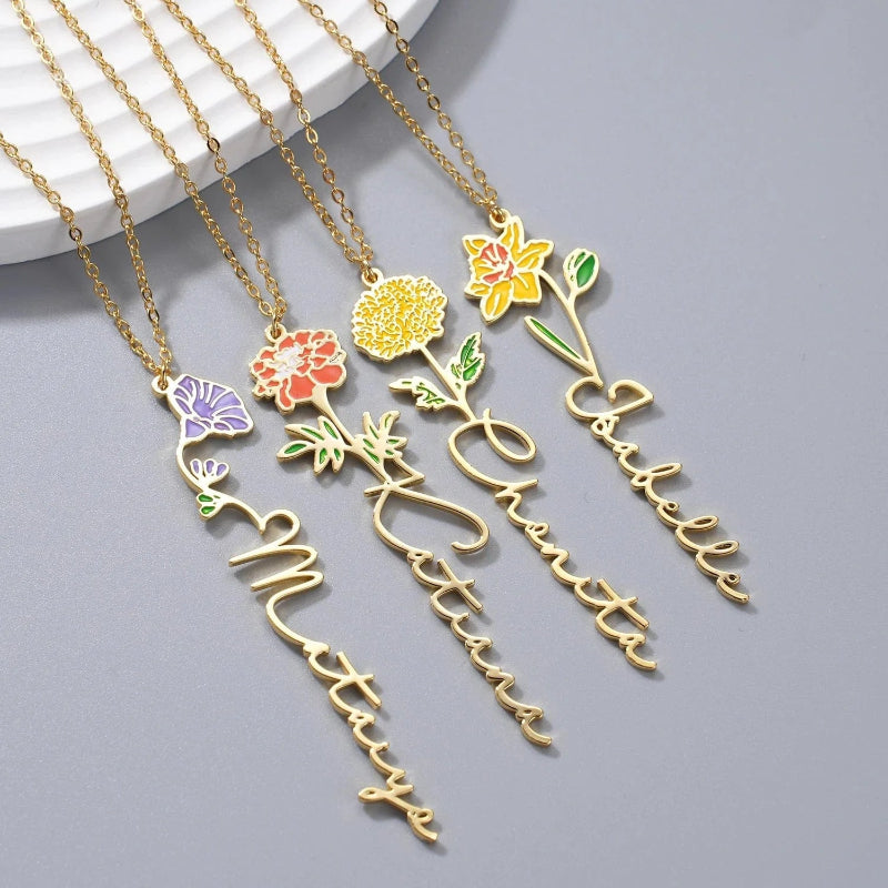 HenryCustoms Enamel Birth Flower Name Necklace